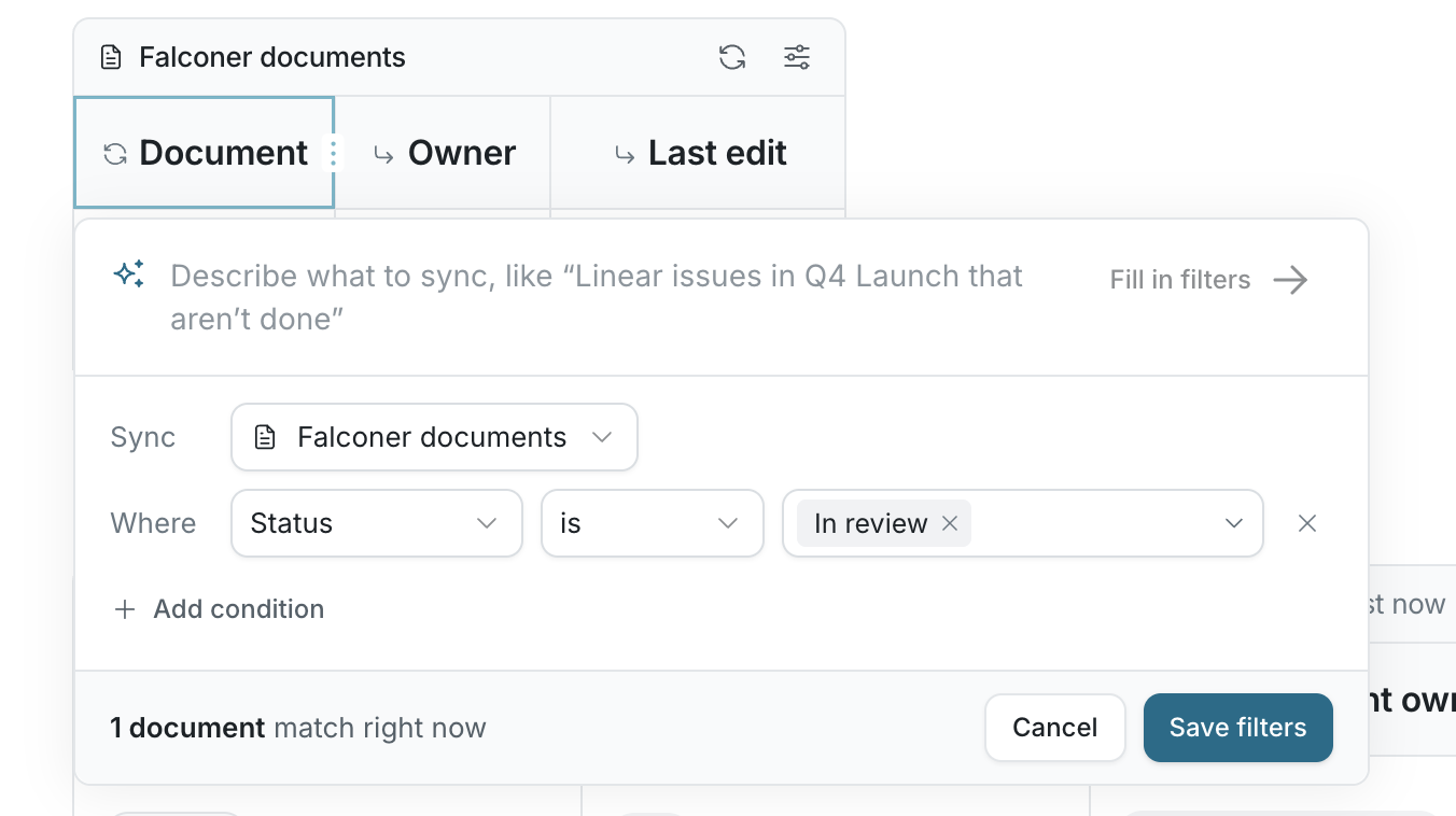 Filter a synced collection of Falconer documents to items in review and preview the matching count