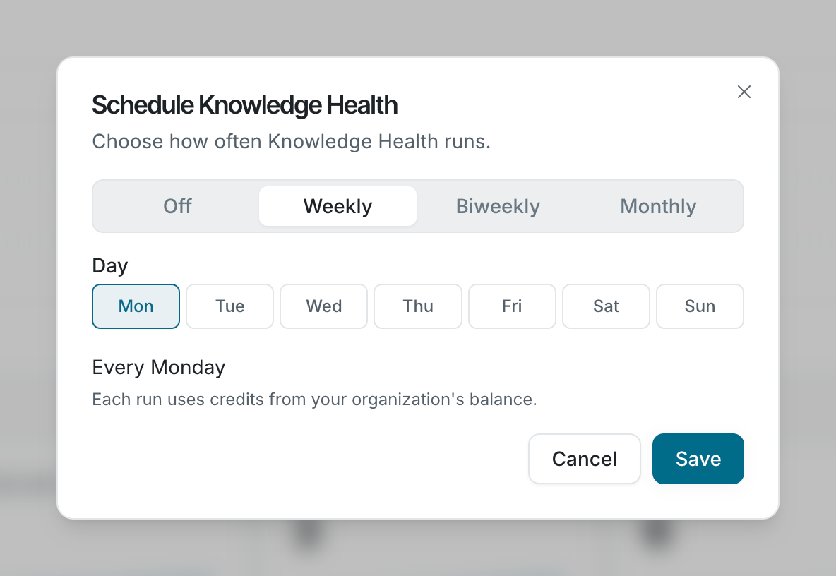 The Schedule Knowledge Health dialog with Weekly selected and Monday chosen as the day
