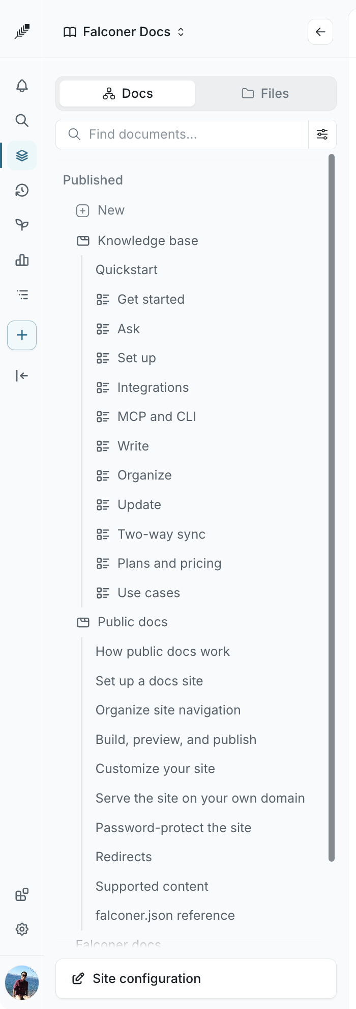 The left nav of a docs-site space with the Docs and Files toggle