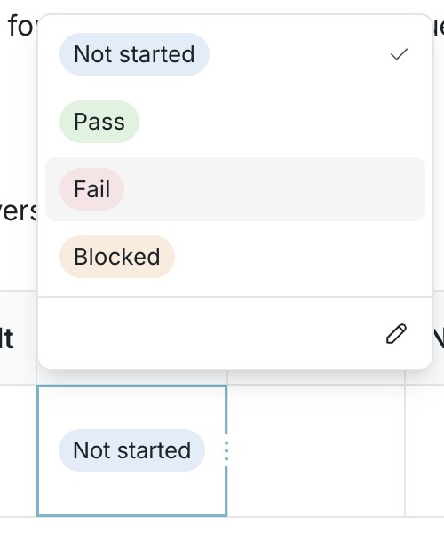 Options column with its status menu open in a structured table