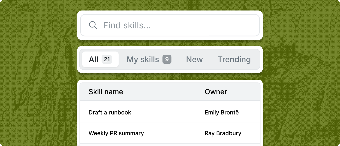 Falconer Skills library with a search box, All / My skills / New / Trending filters, and a table of skills by owner